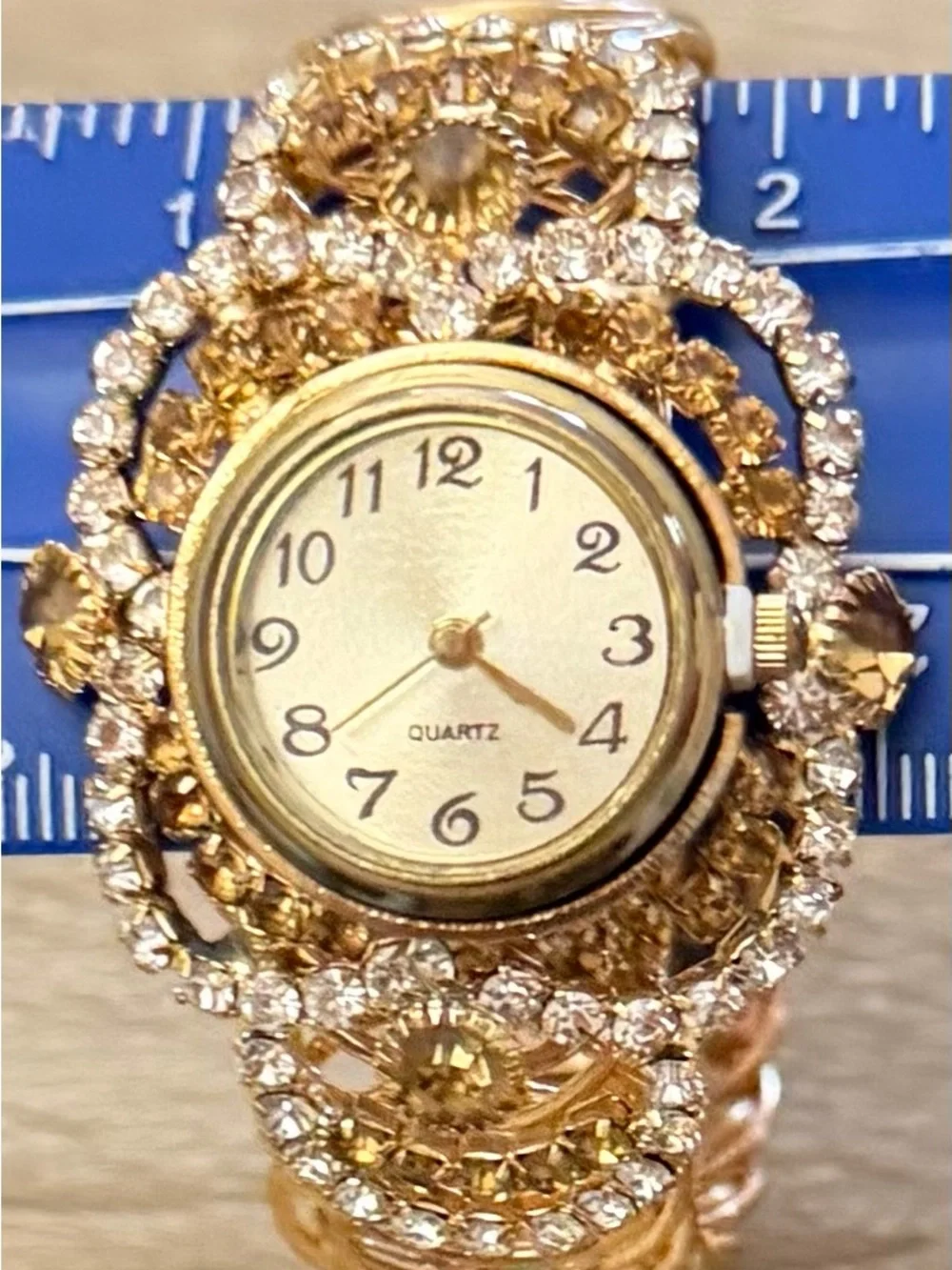Gold Rhinestone Floral Stretch Bracelet Watch New
